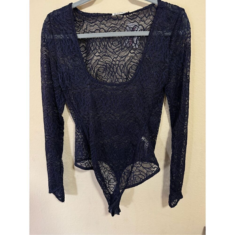 Free People Black Blue Sheer Lace Long Sleeve Bodysuit S - Picture 7 of 8